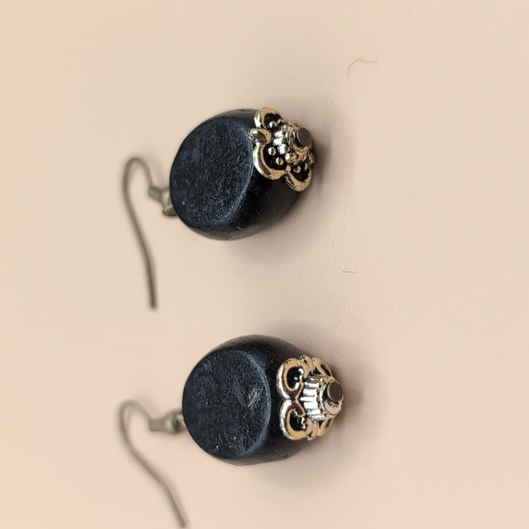 Gold Toned Drop Dangle Earrings With Black Wooden Beaded Focus - Picture 6 of 8